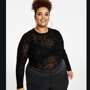 Nina Parker Plus Size Semi Sheer Black Embossed Top - 1X